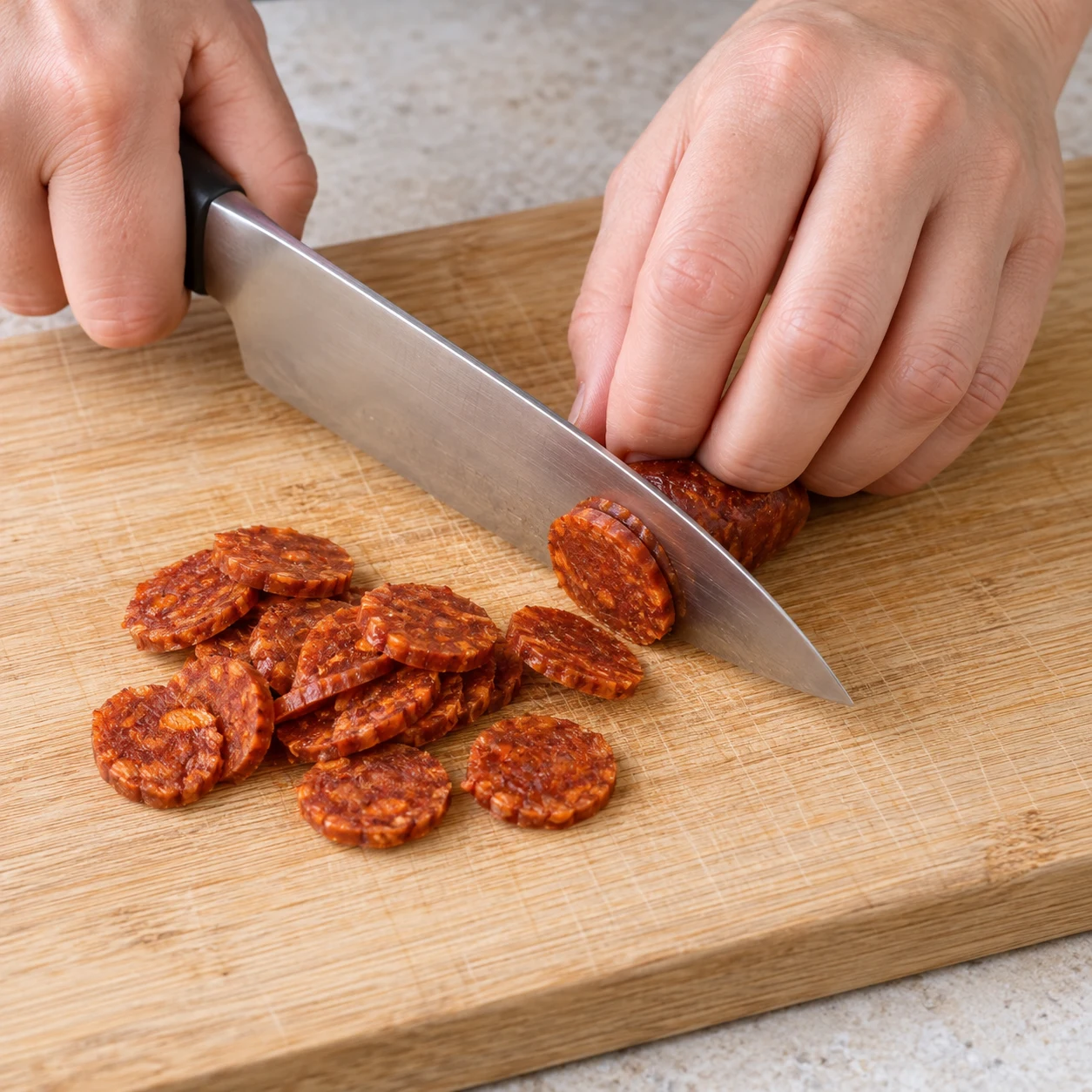 Petit chorizo végétal rouge brique coupé en fines rondelles sur planche, couteau et prise en griffe sûrs.