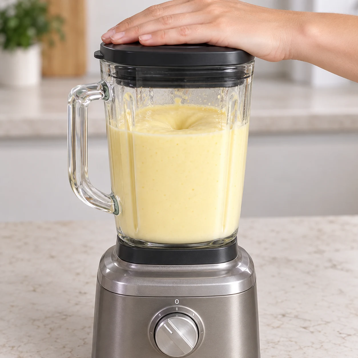 Un blender fermé contenant une base crémeuse jaune pâle; main anonyme sur le couvercle.