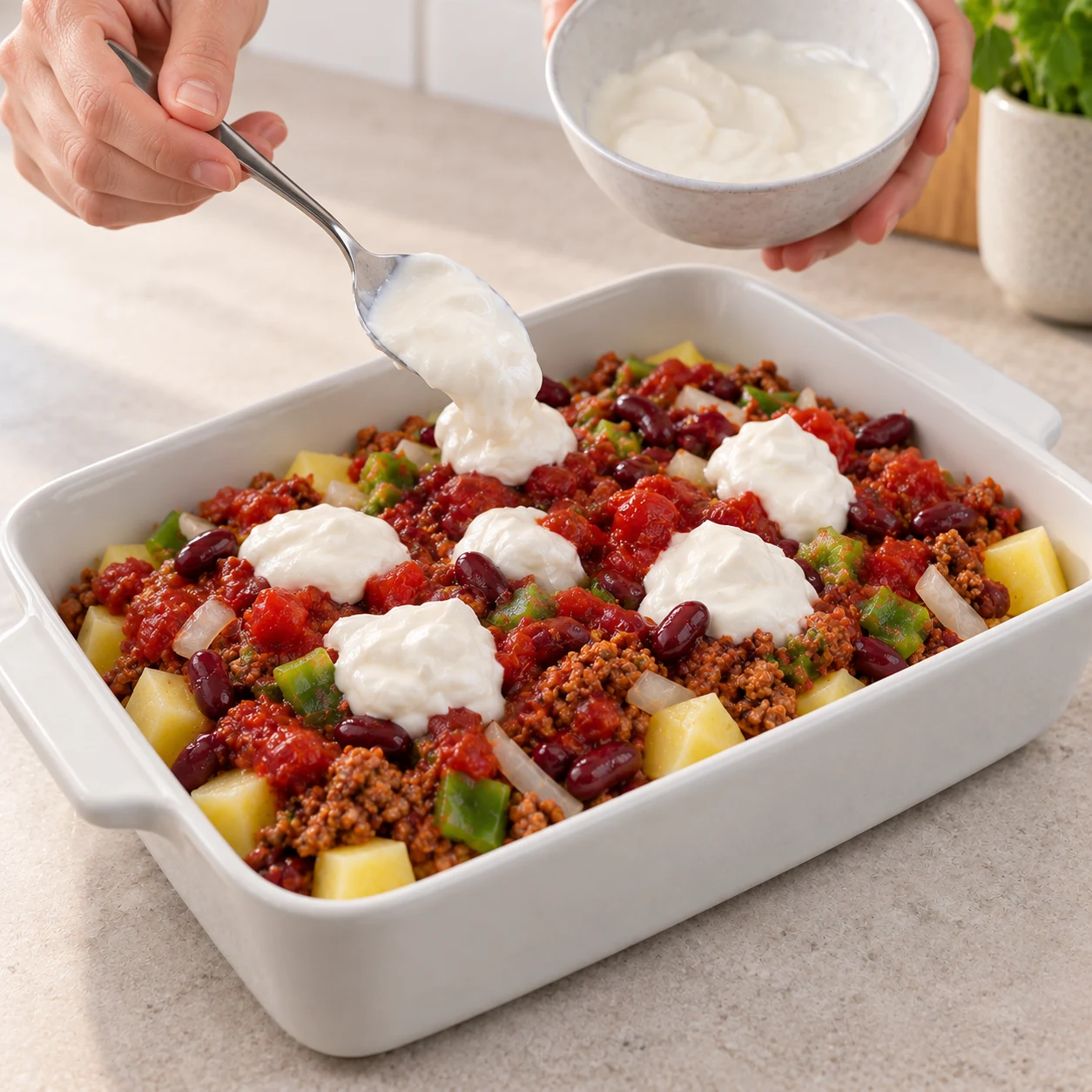Ajouter le yaourt de soja : Le yaourt de soja forme des touches blanches sur le dessus. Ingrédients visibles exclusivement : Pommes de terre, Haché végétal de soja cuisiné, Oignon émincé, Ail, Poivron vert en dés, Haricots rouges en conserve, égouttés, Tomates concassées, Yaourt de soja nature.