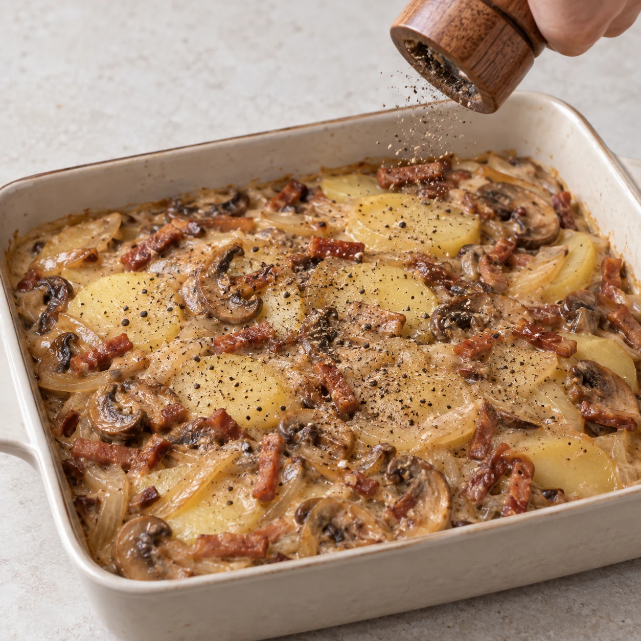 Une seule action : Poivrer le gratin. Le poivre est réparti à la surface. Uniquement les ingrédients de cette phase : Pommes de terre, Oignon, Champignons de Paris, Lardons végétaux fumés, Huile végétale, Sauce soja salée, cassonade, Sirop d’érable, Fécule de maïs, Eau froide, Tahini blanc, Levure maltée, Poivre noir moulu. Allumettes végétales fumées rosées à base de soja ; jamais de tofu ni de miso. Sauce onctueuse brun clair au sésame, plus pâle que dans la source.