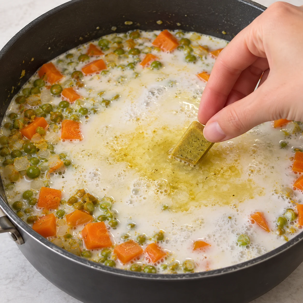 Main anonyme déposant un seul cube de bouillon végétal dans le liquide blanc autour des pois et carottes.