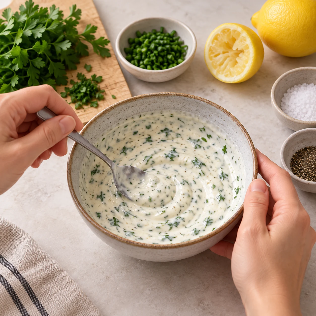 Cuillère mélangeant une sauce blanche au soja et aux herbes.