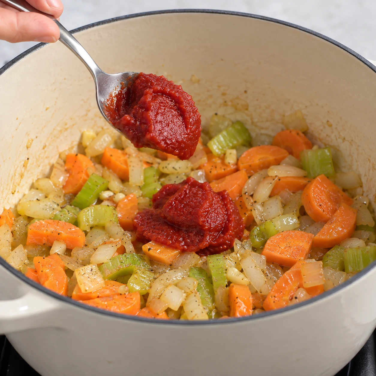Concentré de tomates rouge dense ajouté aux légumes.