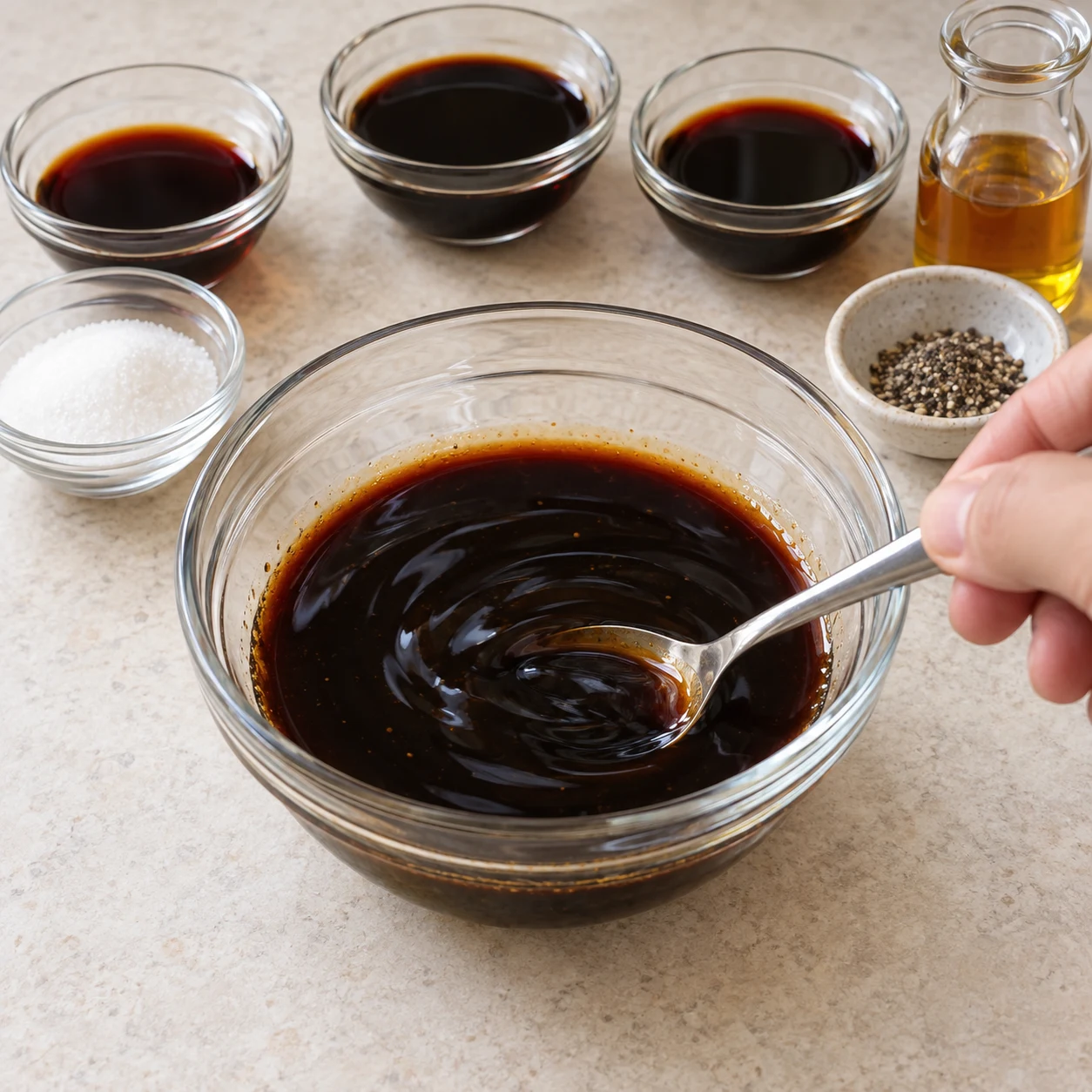 Dans un bol, mélange 64 g de sauce soja salée, 16 g de sauce soja sucrée, les 16 g de sauce soja salée prévus pour remplacer le condiment de cuisson, 1 càc de sucre, du poivre et l’huile de sésame. Résultat : Le sucre est dissous dans la sauce sombre.