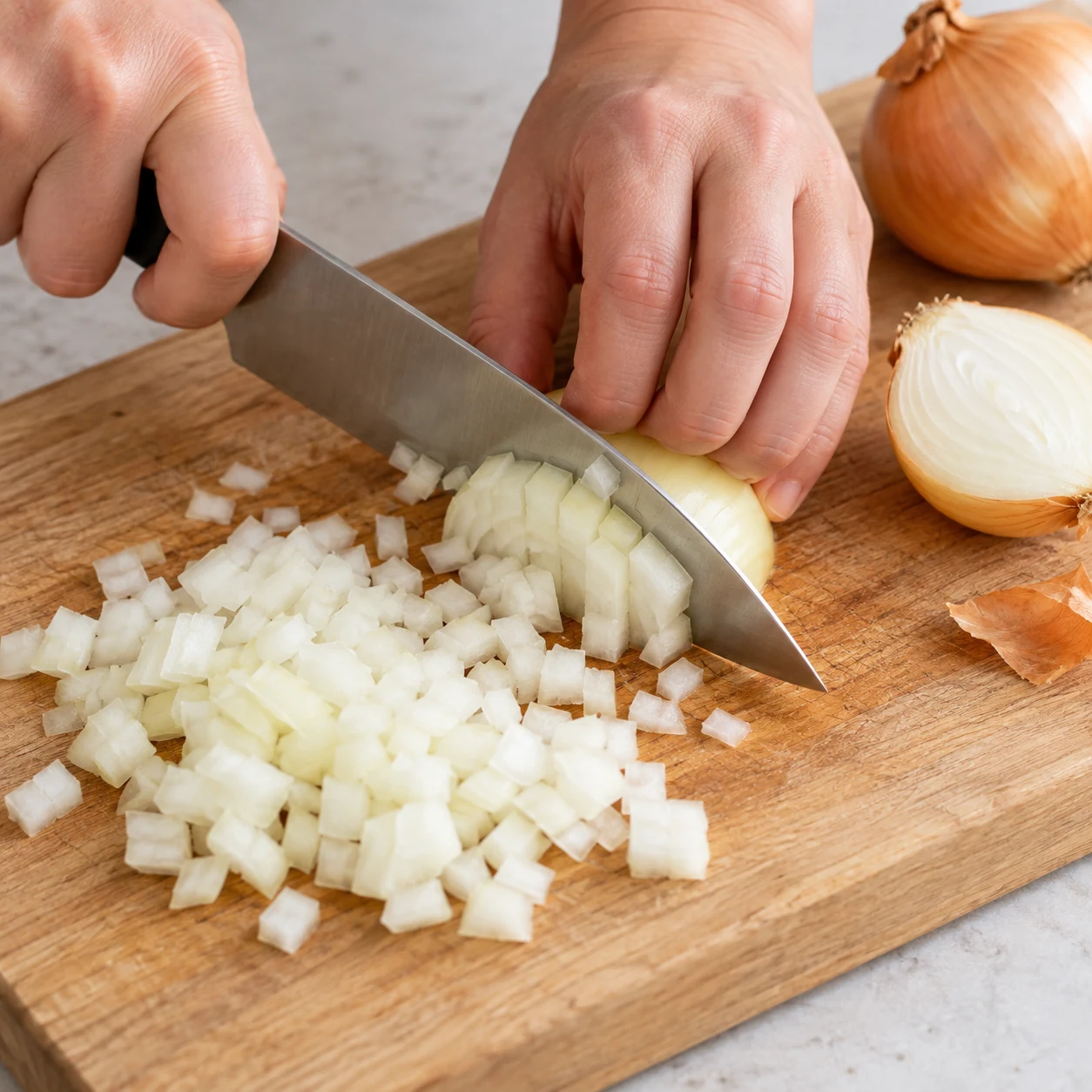 Tailler l’oignon de la sauce : L’oignon cru est détaillé en petits cubes.