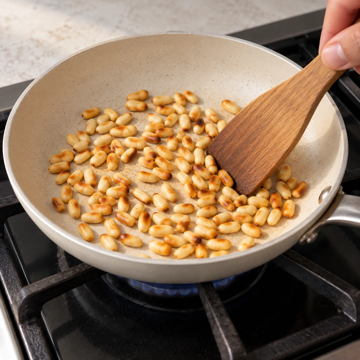 Griller les pignons : Les pignons sont légèrement dorés et ne sont pas brûlés.