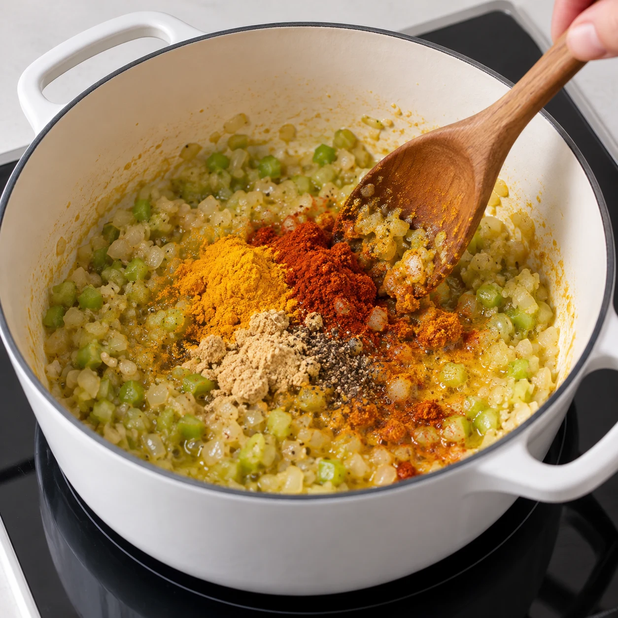 Épices jaunes, rouges et beige incorporées au fond d’oignon, ail et céleri ; aucune viande.