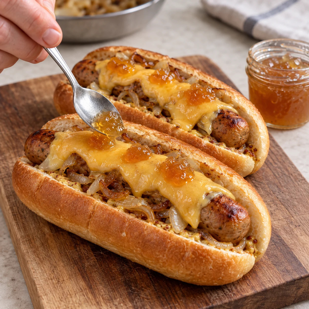 Une cuillère dépose une petite touche de gelée de coings dorée sur le fromage végétal fondu.