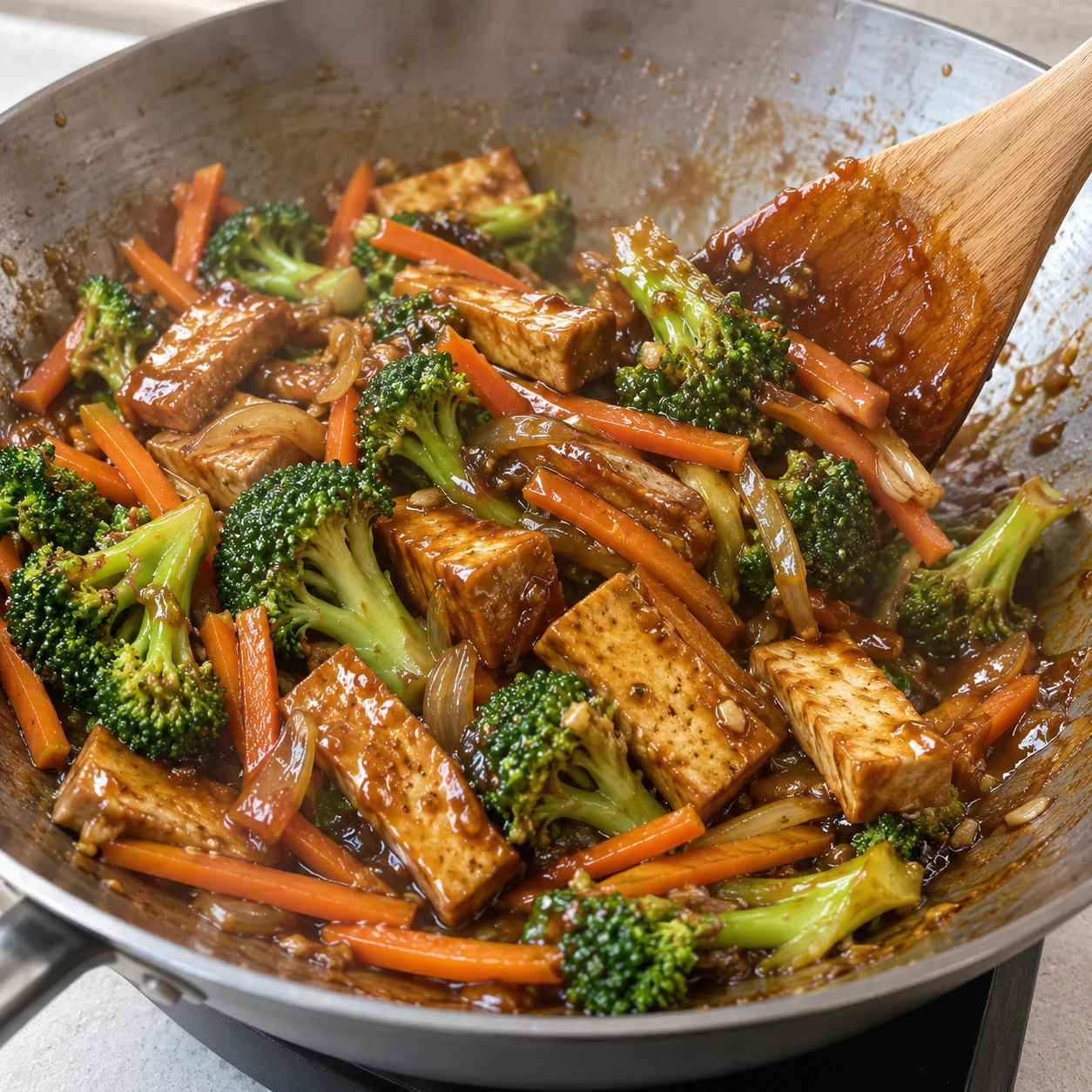 Remuez activement le contenu du wok pendant 4 à 5 minutes, jusqu’à ce que la sauce épaississe et enrobe le tofu et les légumes.