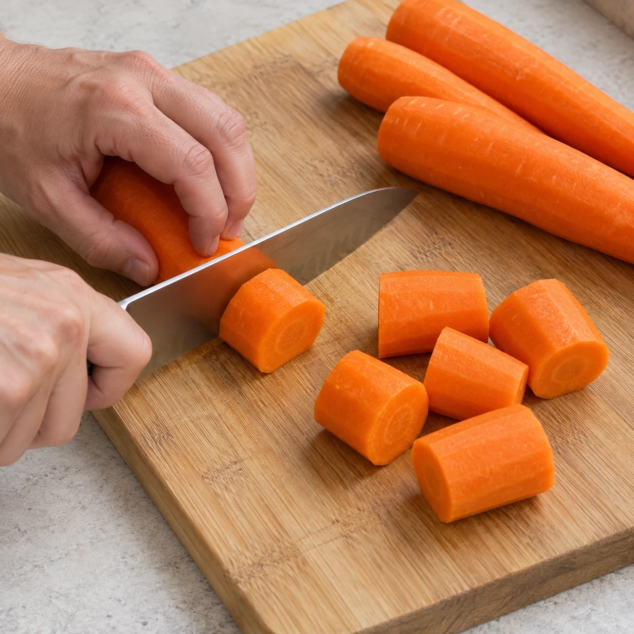 Photo culinaire carrée de l’action : Couper les carottes. Les carottes sont en tronçons épais de taille voisine. Seulement Carotte. Mains adultes anonymes seulement si le geste le nécessite, aucun texte, visage, bijou ou viande.