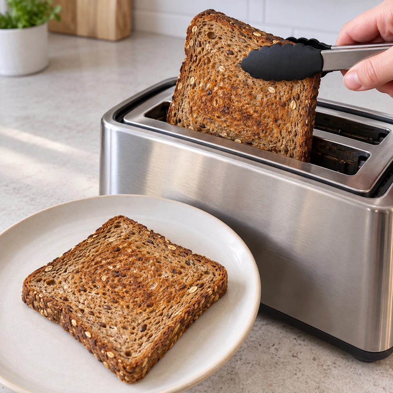 Deux tranches de pain aux céréales fraîchement grillées, surface légèrement dorée.