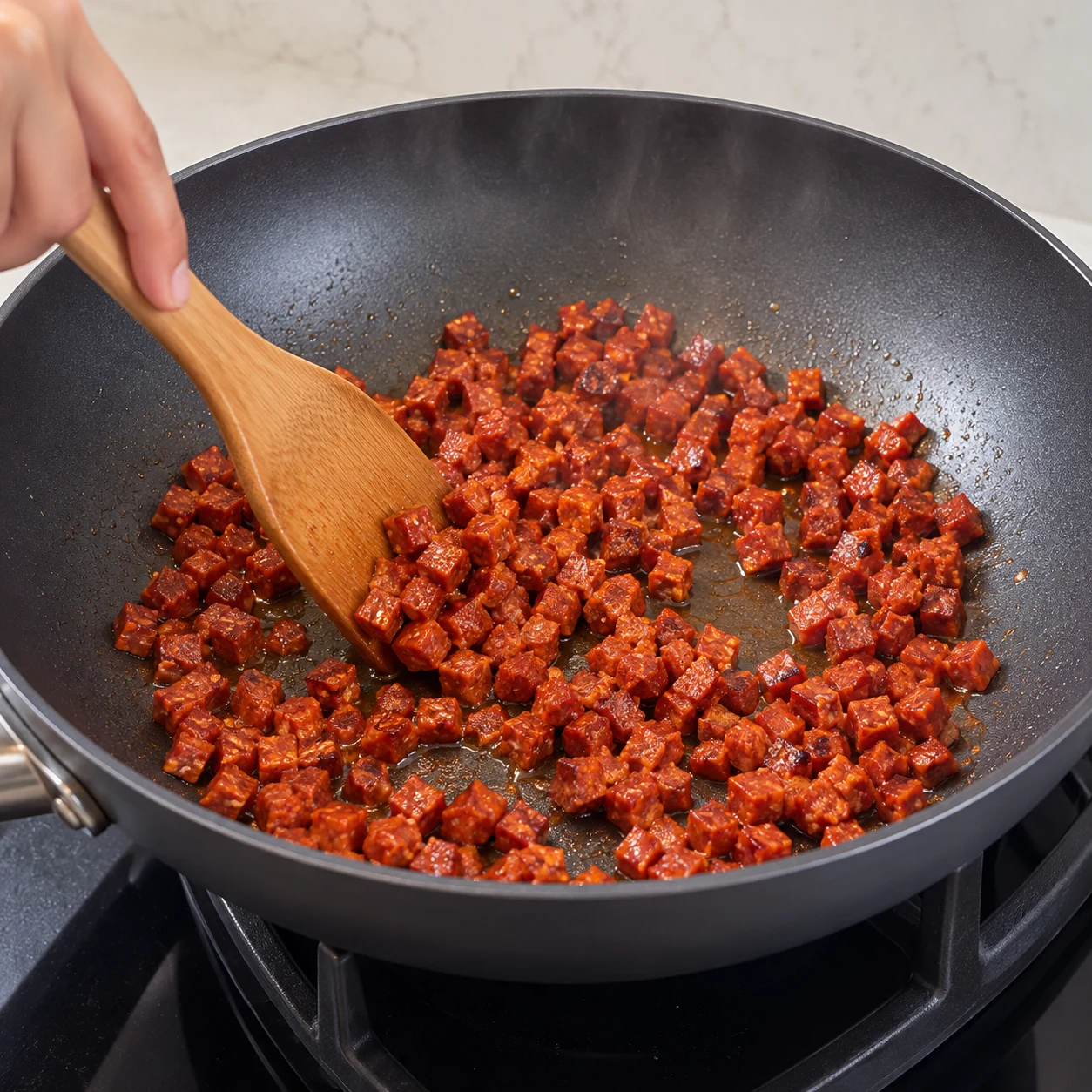 Une seule photo carrée montrant dorer le chorizo végétal. Les bords des dés commencent à colorer. Seulement les ingrédients déjà présents : Mini chorizo végétal, Mini chorizo végétal, Huile de tournesol. Les dés sont rouge-brun de chorizo entièrement végétal, sans viande ni morceaux de gras blanc.