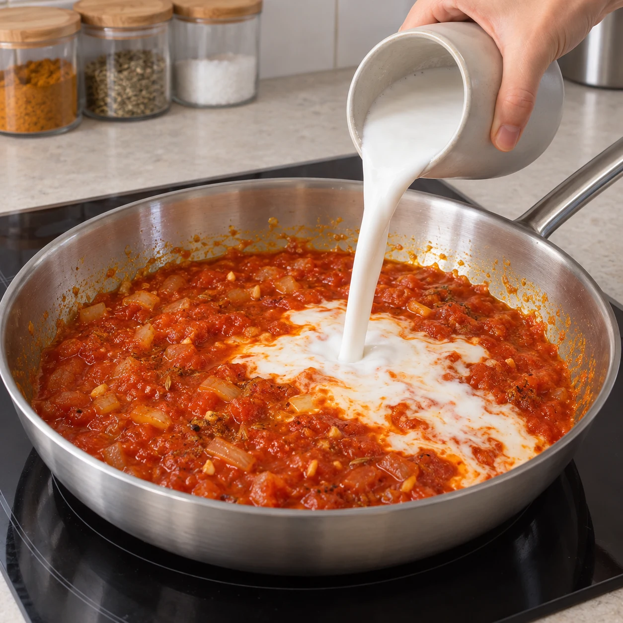 Une seule action : Verser le lait de coco. Le lait de coco est versé dans la sauce rouge. Poêle neutre en inox quand la cuisson est montrée. Aucun ingrédient futur.