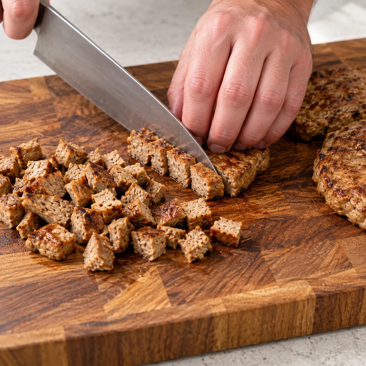 Coupe active de steaks végétaux cuits beige brun, légèrement dorés, en petits morceaux sur planche ; main en griffe, aucune viande ni tofu.