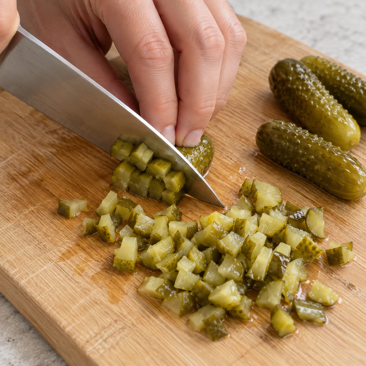 Cornichons émincés avec couteau sur une planche stable et prise en griffe.