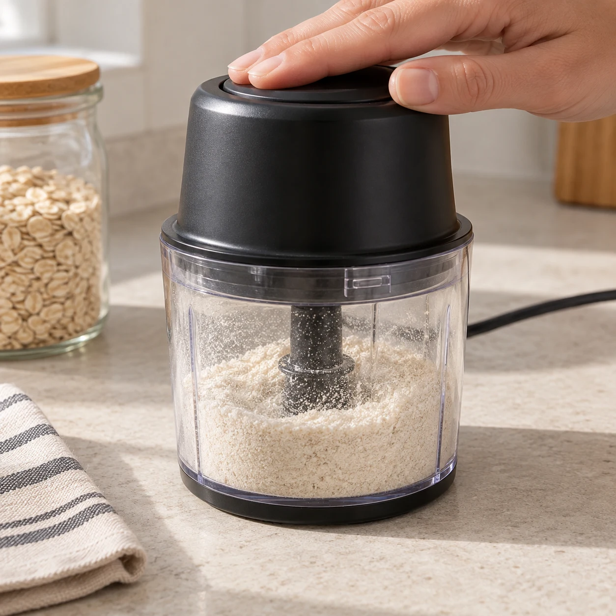 Petit mixeur fermé contenant une petite quantité de flocons d’avoine presque entièrement réduits en poudre fine, sans autre aliment.