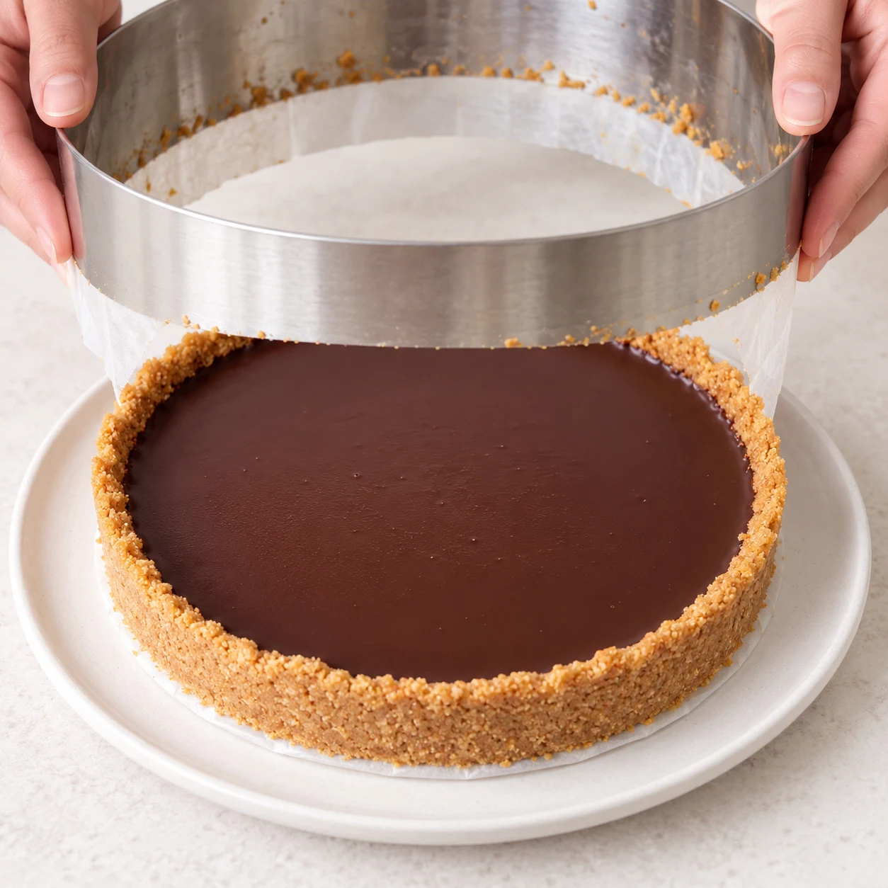 Soulève délicatement le cercle autour de la tarte refroidie, comme dans la recette d’origine, en libérant le papier cuisson du bord. Résultat à montrer : Le bord de biscuits reste entier et la tarte tient sans le cercle.