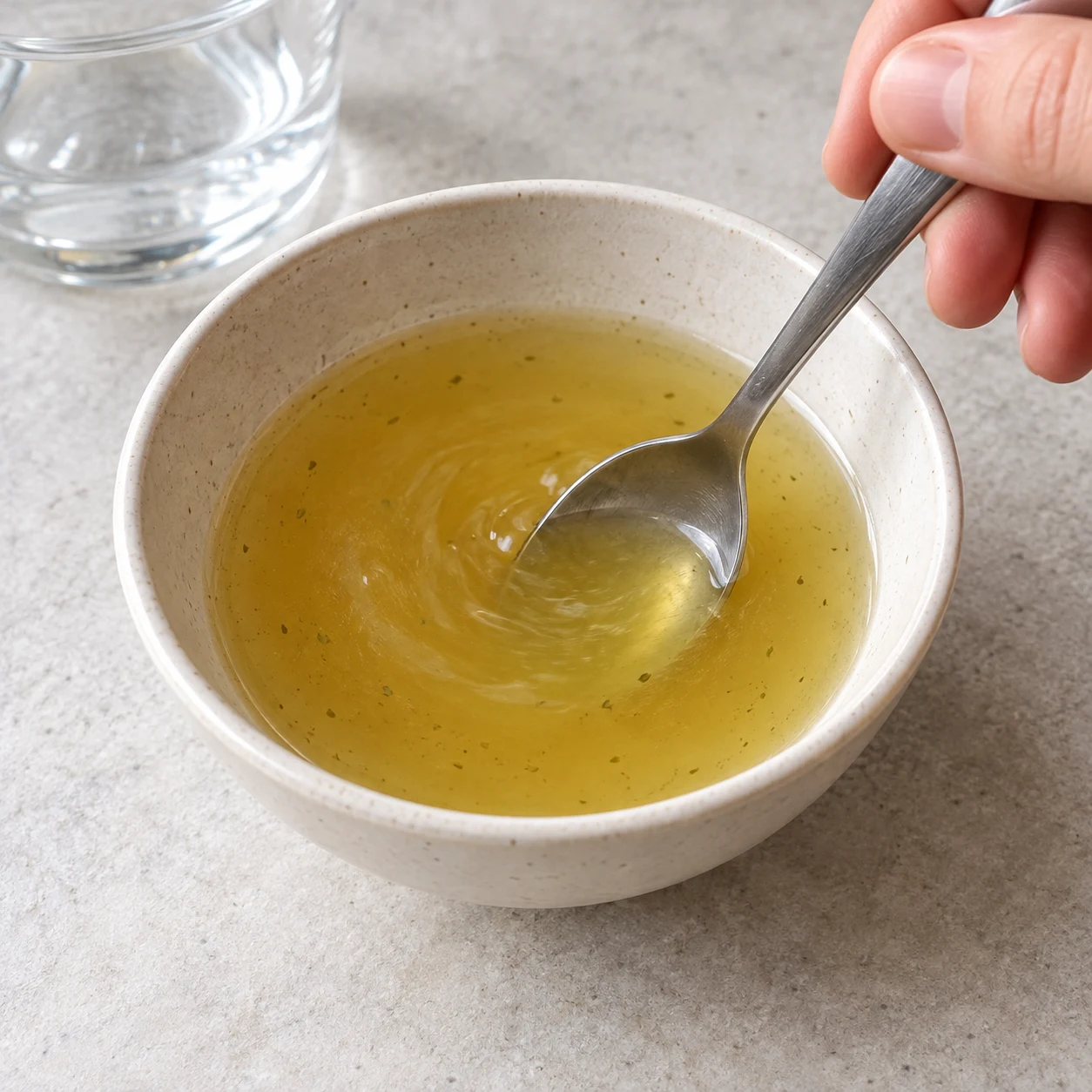 Un petit bol neutre avec 60 ml de bouillon de légumes clair, une petite cuillère qui remue ; le cube de 1,2 g est entièrement dissous. Aucune cocotte, aucun lait de coco, aucun ingrédient du mijoté. Capture adjacente pour la couleur du bouillon seulement, geste adapté selon notice.