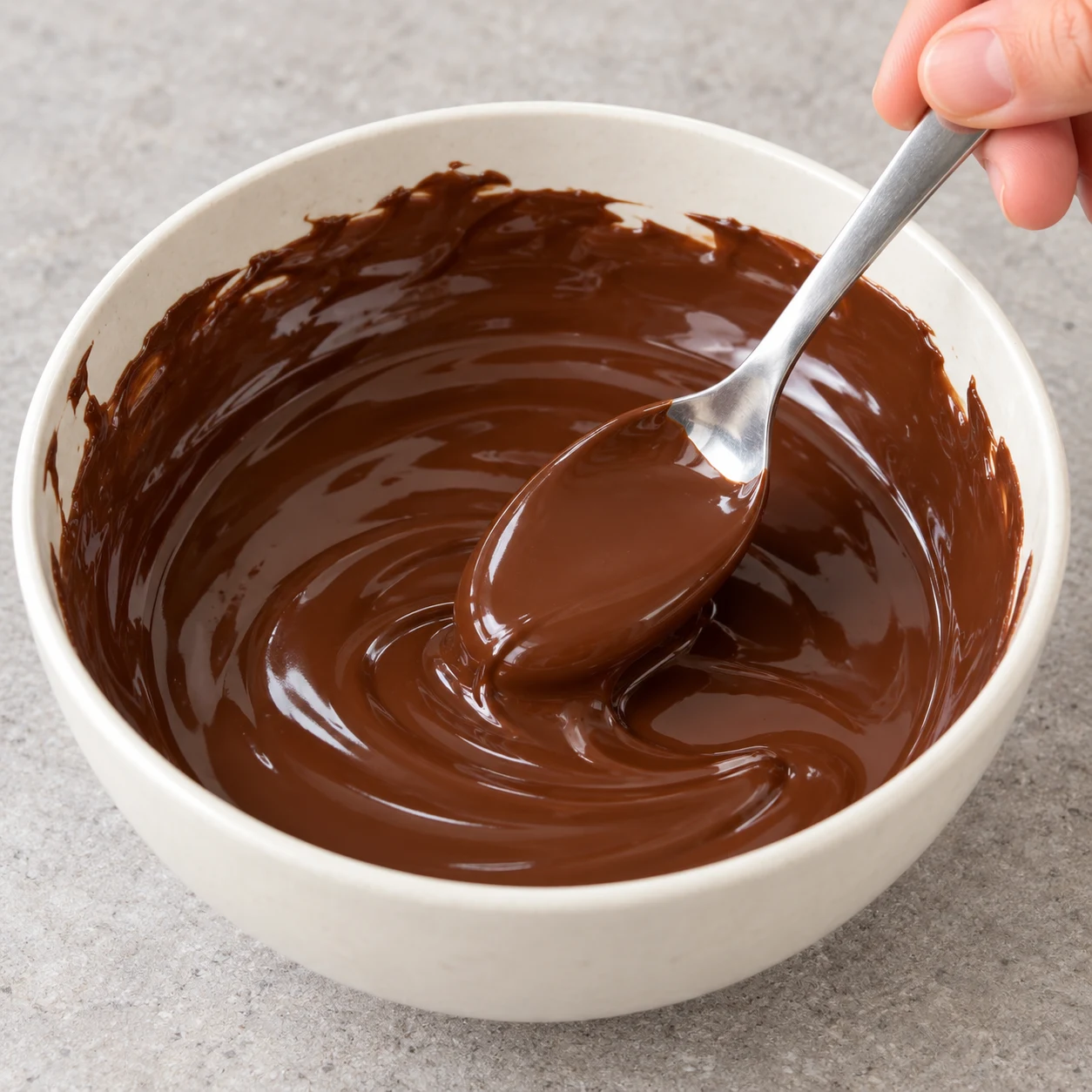 Bol de chocolat noir liquide remué doucement avec une cuillère ; aucun ingrédient ajouté.