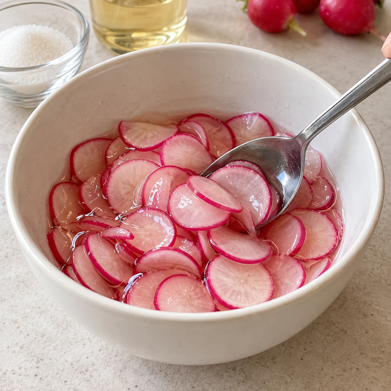 Mélange les lamelles de radis avec 4 c. à soupe de vinaigre de riz et 2 c. à soupe de sucre, puis mets le bol de côté.