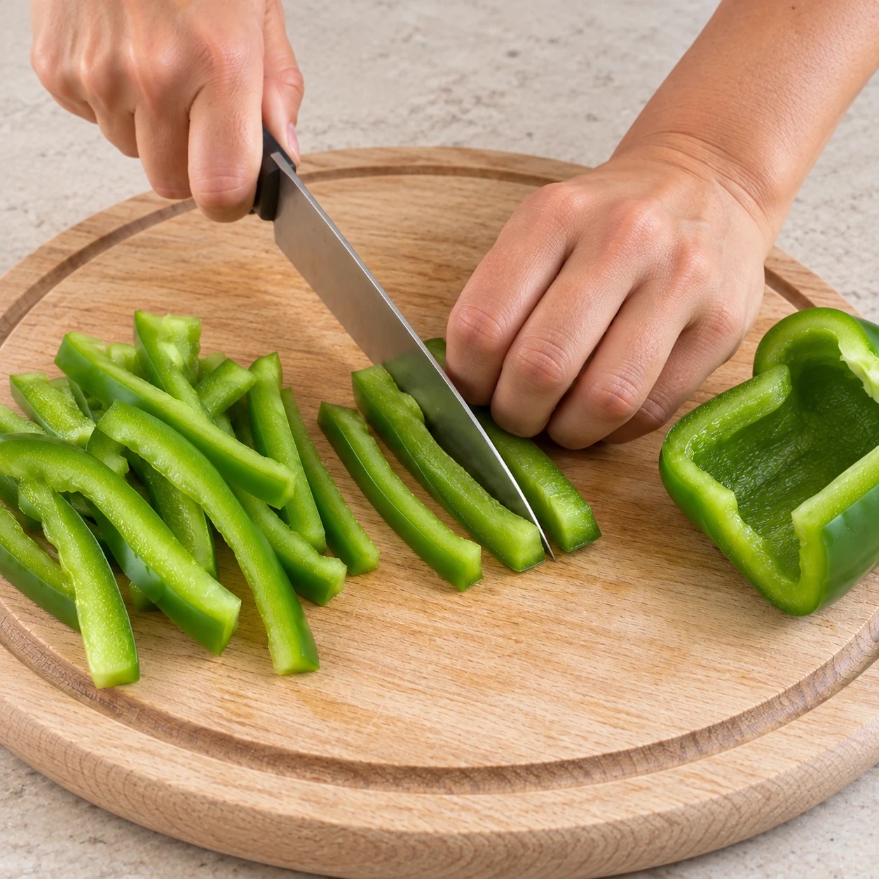 Découpe sûre du poivron vert en bâtonnets.