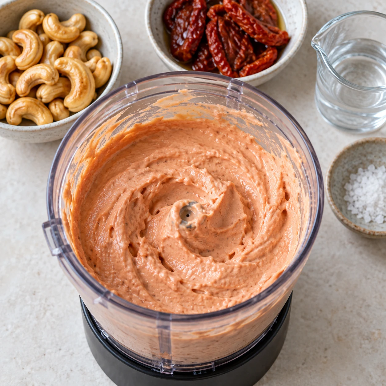 Dans un petit blender puissant, mixez les cajous grillées trempées et égouttées avec les 6 tomates séchées égouttées, environ 50 g d’eau et la fleur de sel selon le goût. Montrer uniquement cet état, sur pierre pâle et sans texte.