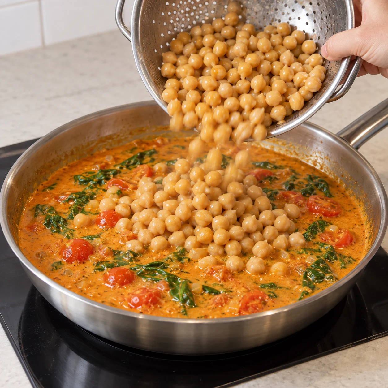 Une seule action : Ajouter les pois chiches. Les pois chiches égouttés sont réunis avec la sauce et les légumes. Poêle neutre en inox quand la cuisson est montrée. Aucun ingrédient futur.