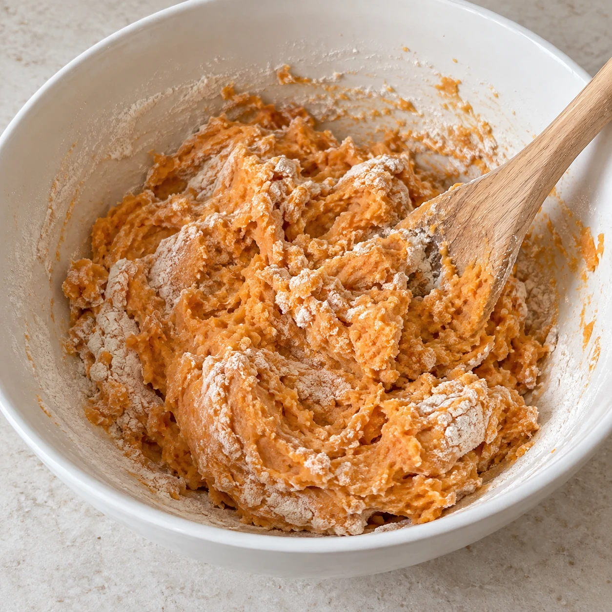 Farine versée sur la purée orange froide dans un bol neutre.