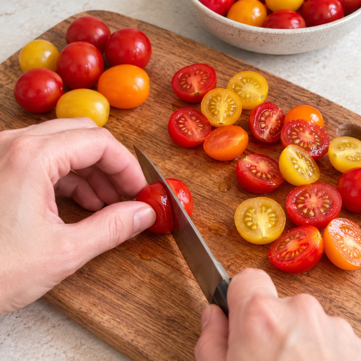 Couteau en action sur une tomate cerise, autres tomates rouges et jaunes entières et coupées.