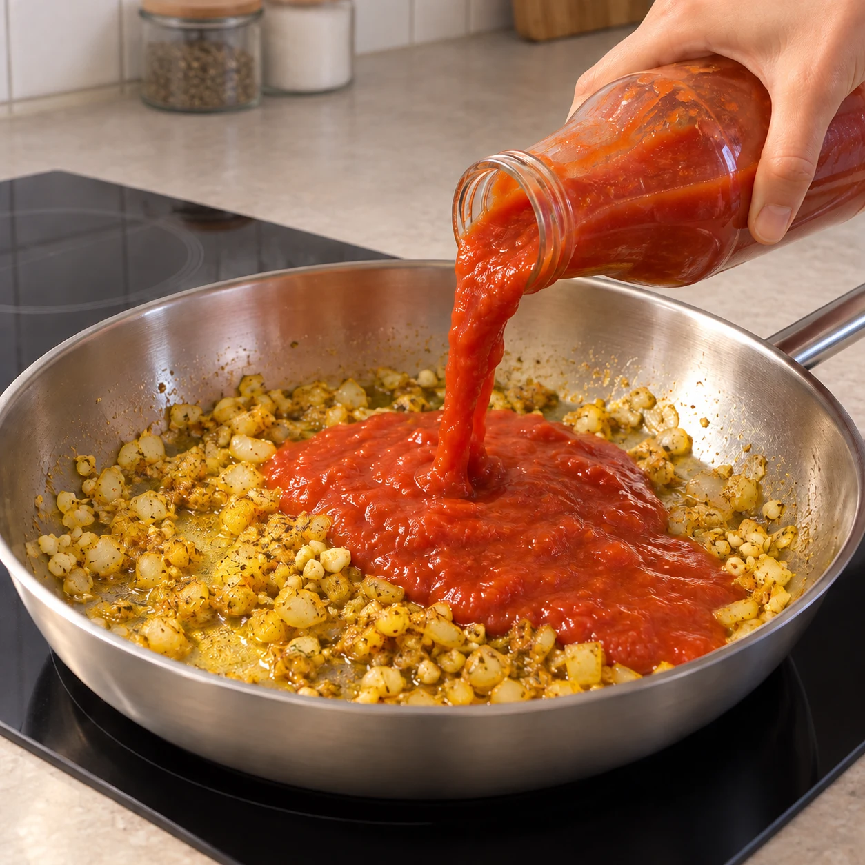Une seule action : Verser la sauce tomate. La sauce tomate rejoint les aromates épicés. Poêle neutre en inox quand la cuisson est montrée. Aucun ingrédient futur.
