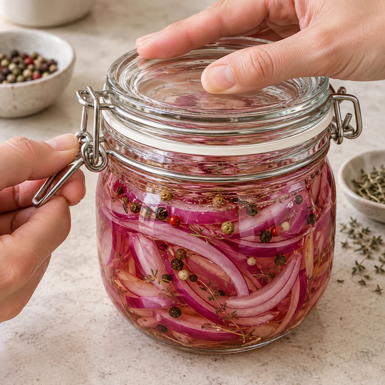 Main refermant couvercle de bocal en verre sur oignons dans saumure, grains du mélange cinq baies entières noirs, blancs, verts et rouges et thym visibles.