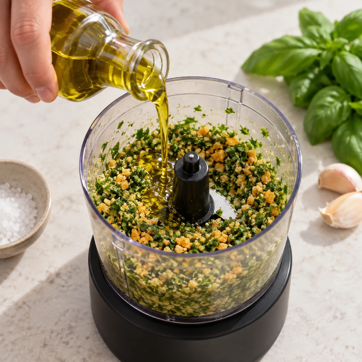 Un filet d’huile dorée versé depuis une bouteille sans étiquette dans le bol de pesto vert avec la moitié des tranchettes végétales orangées finement hachées.