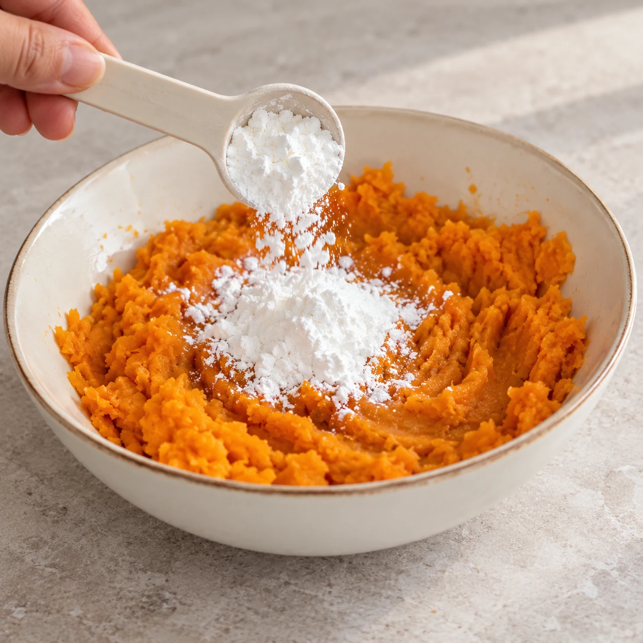 Fécule blanche versée sur la purée orange épaisse.