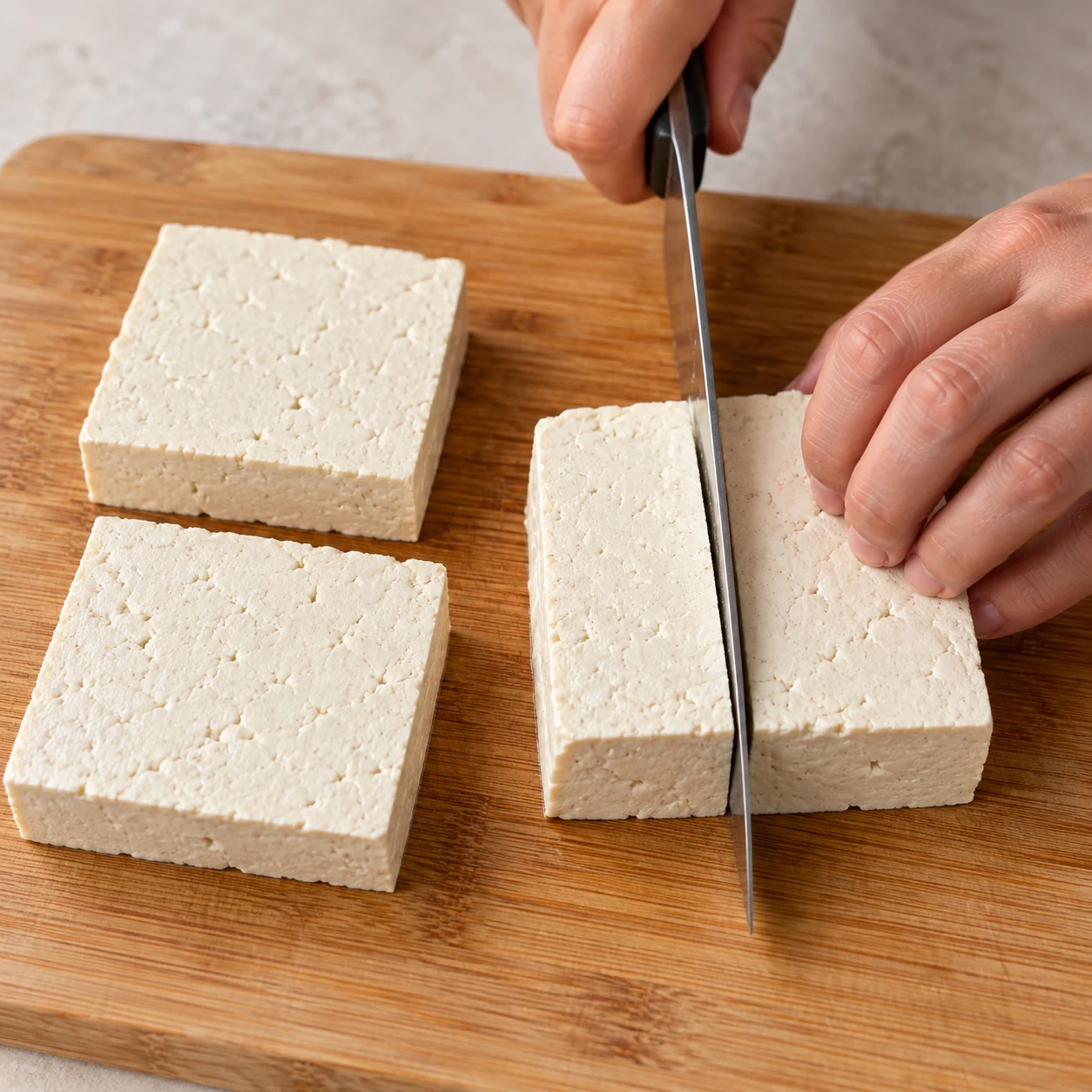 Découpe sûre d’un bloc de tofu ferme blanc en quatre pavés épais sur une planche stable.