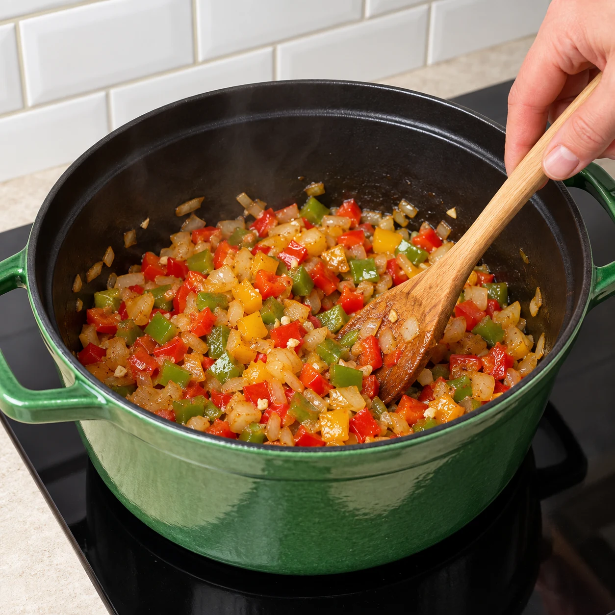 Cocotte verte contenant petits dés rouges et verts et oignon, cuillère en bois ; mélange de légumes sans préparation végétale.