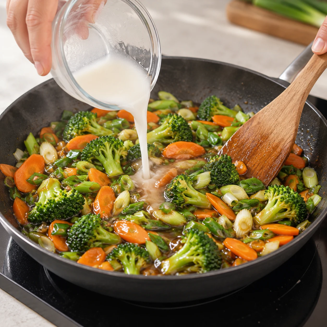 Versement de fécule délayée dans la poêle de légumes sautés, sauce brillante.