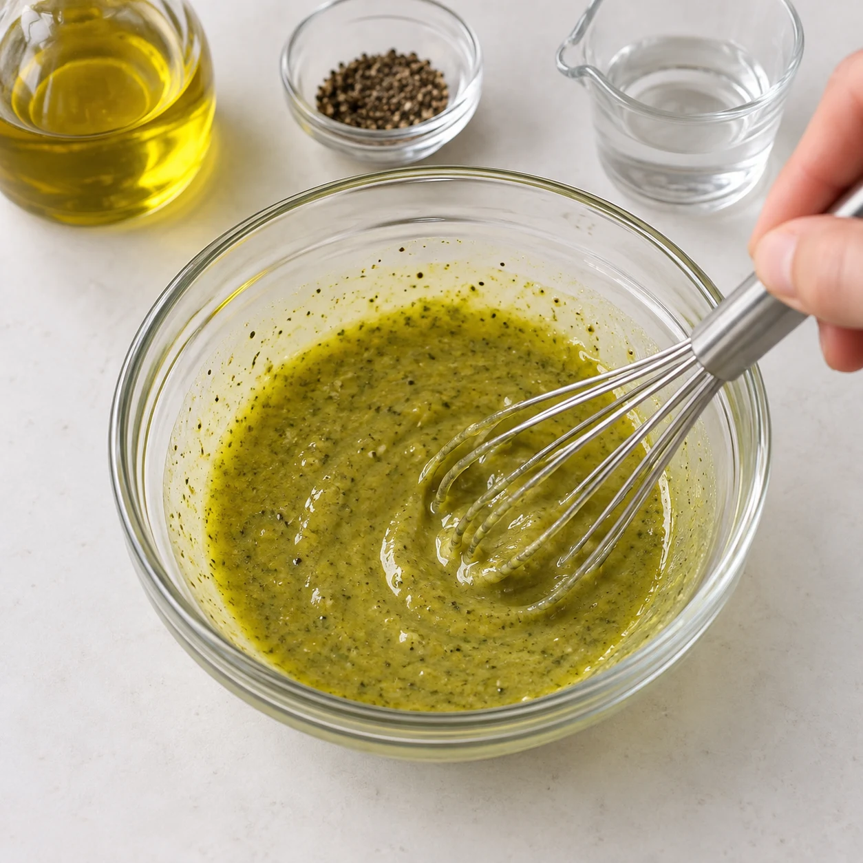 Une photographie carrée réaliste de « Mélanger la sauce au pesto de miso ». La sauce verte est fluide, homogène et peut se verser. Seulement les ingrédients autorisés à cette étape. Mains adultes anonymes si le geste l’exige, aucune personne identifiable ni texte.