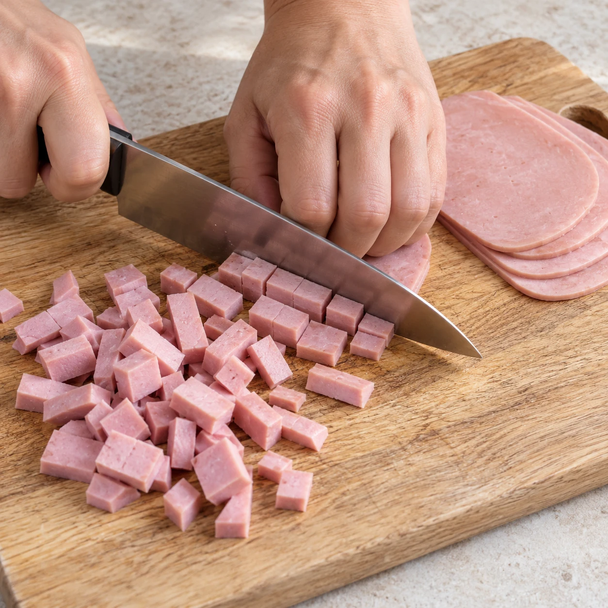 Coupe les 4 tranches de jambon végétal en petits morceaux.