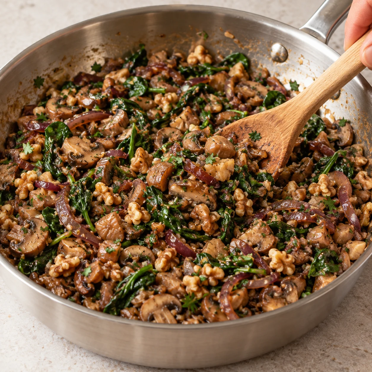 Farce brune aux champignons, marrons, oignons, feuilles d’épinards et noix réunie dans une poêle.