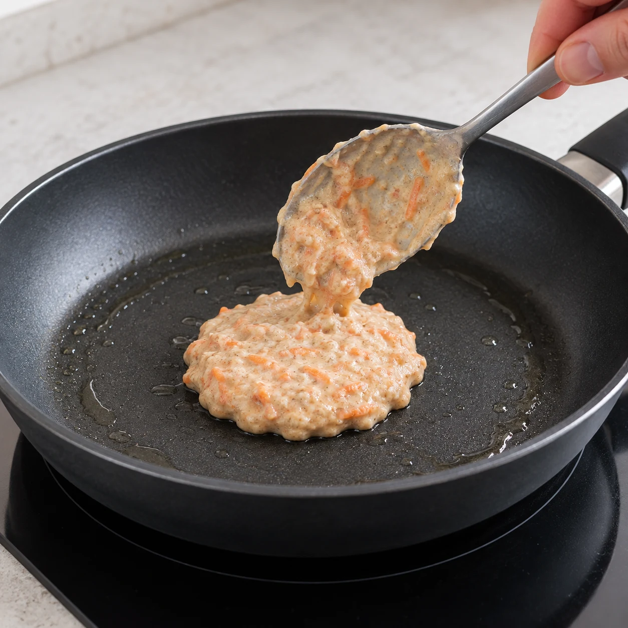 Cuillère déposant un disque de pâte épaisse à la carotte dans la poêle noire légèrement huilée. Pancake cru humide.