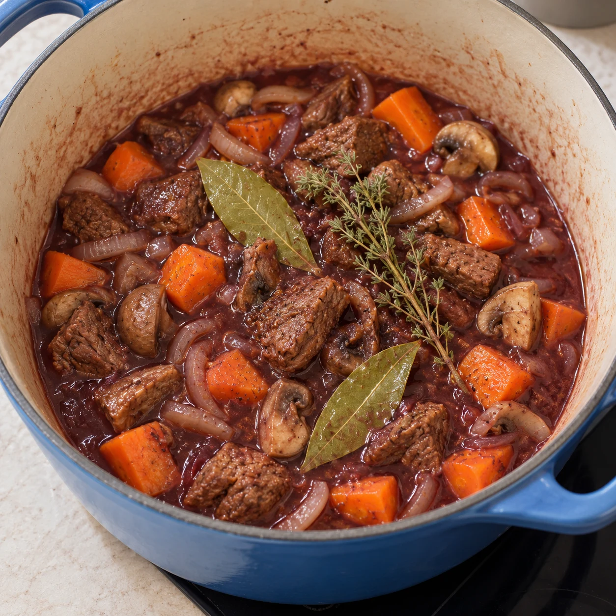 Cocotte en fonte bleue remplie de bourguignon au vin rouge, une branche de thym et deux feuilles de laurier posées sur les morceaux de steak végétal, les carottes et les champignons.