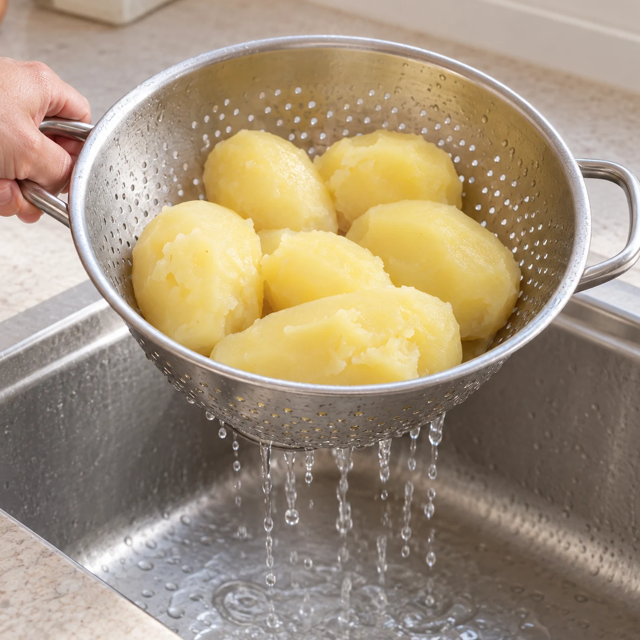 Passoire avec pommes de terre pelées précuites, eau en train de s’égoutter, sans assaisonnement ajouté.