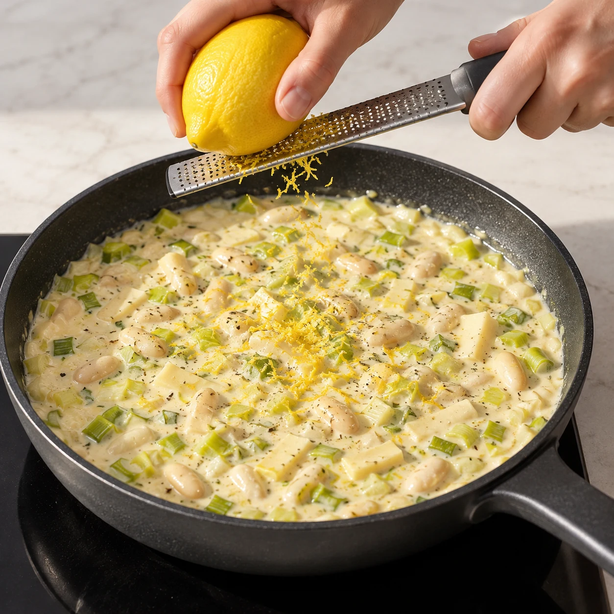 Un citron jaune zesté avec une râpe au-dessus de la poêle crémeuse.