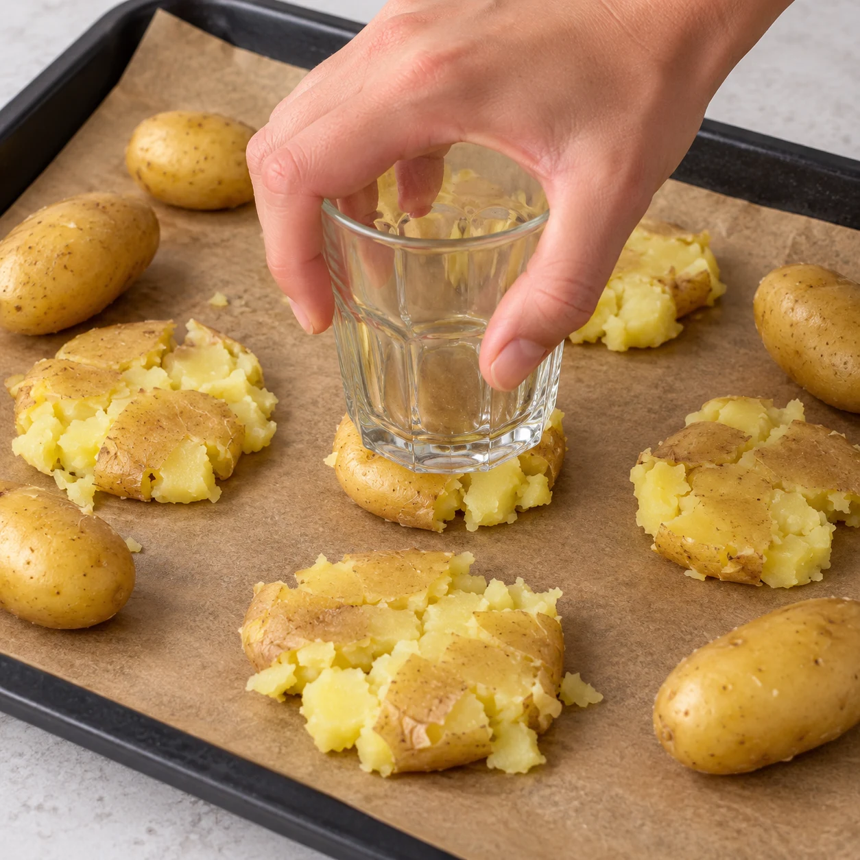 Fond de verre pressant une petite pomme de terre cuite sur une plaque de cuisson.