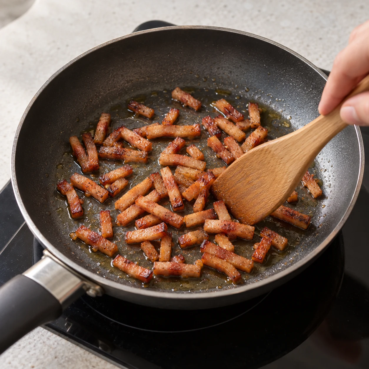 Petite poêle contenant seulement des lardons végétaux fumés dorant dans une fine couche d’huile.