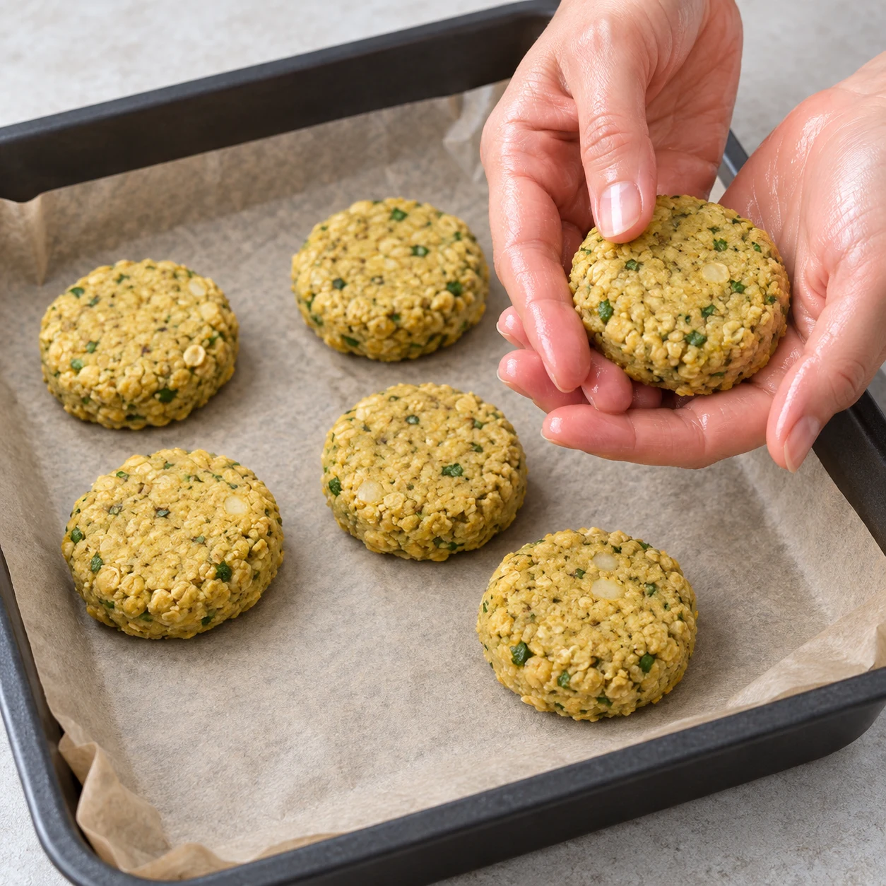 Former six falafels : montrer exactement l’action, les ingrédients permis et l’état de préparation décrit.