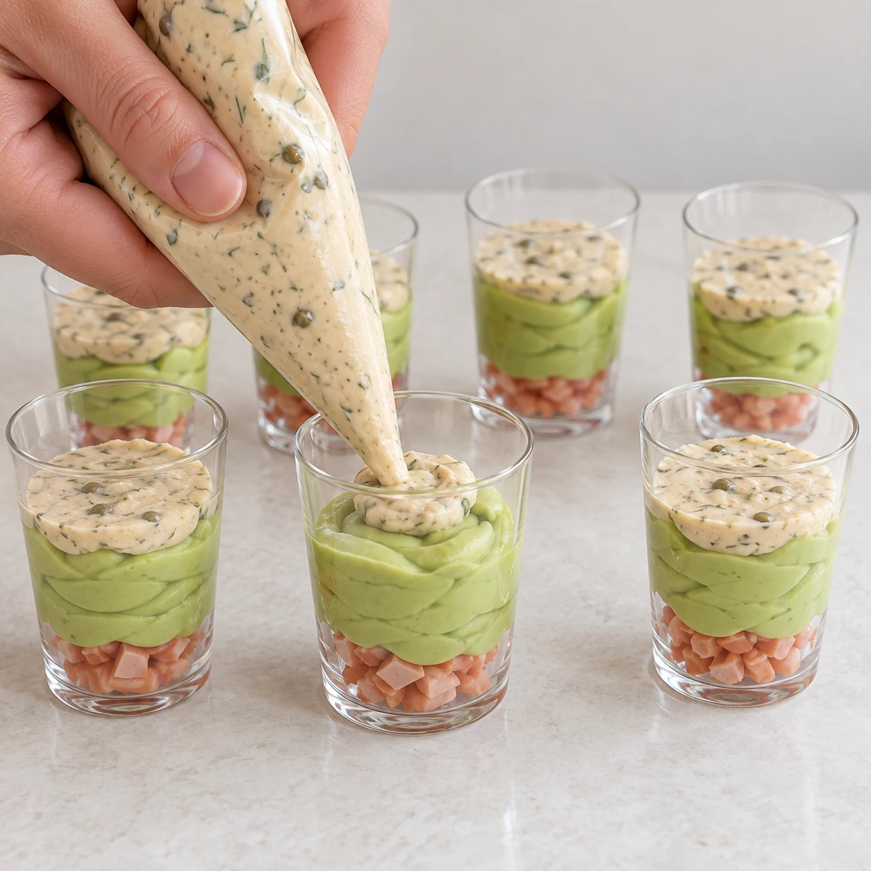 Une poche dépose le houmous beige aux câpres et à l’aneth sur la couche verte de la verrine.