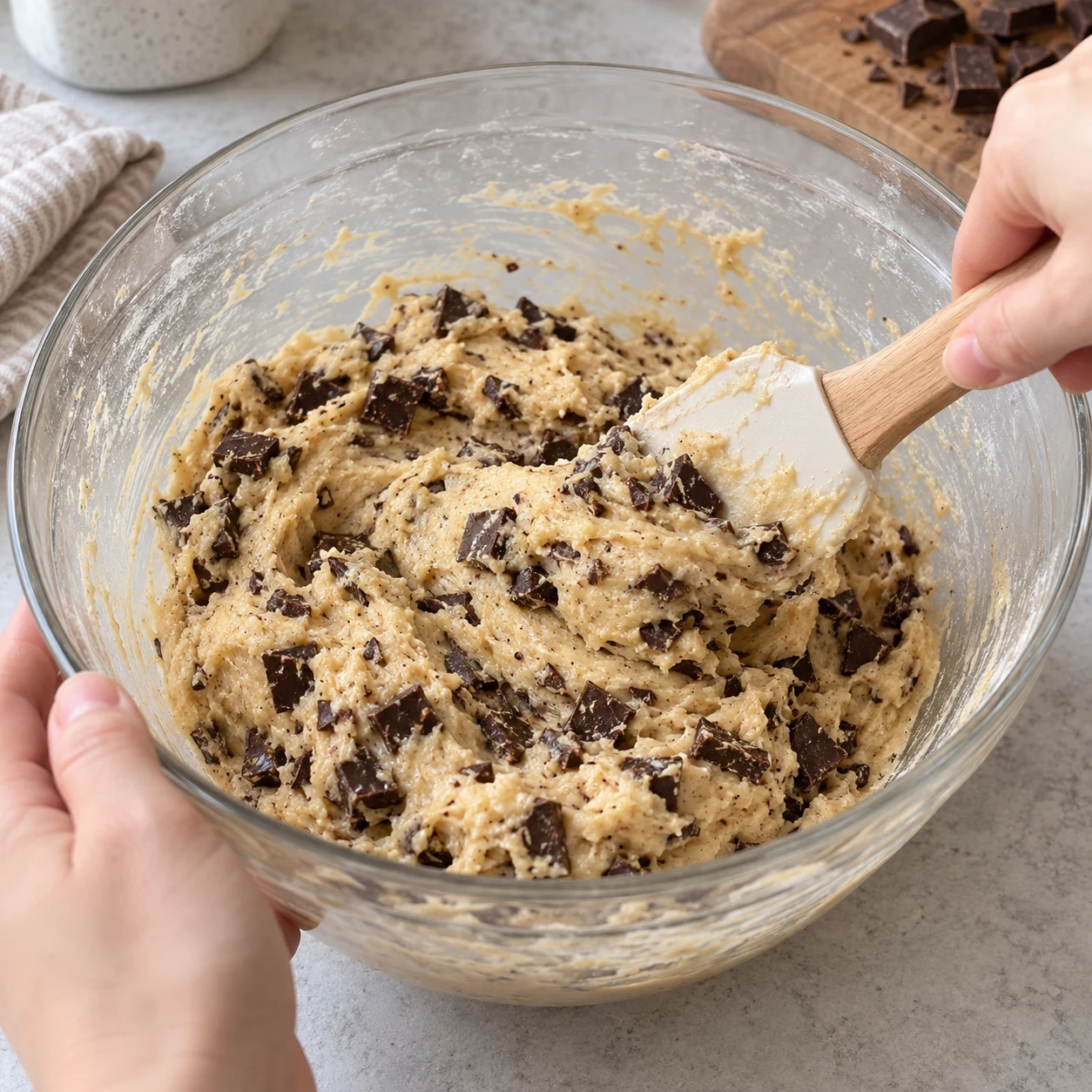 Spatule rabattant une pâte humide beige riche en morceaux uniquement noirs.