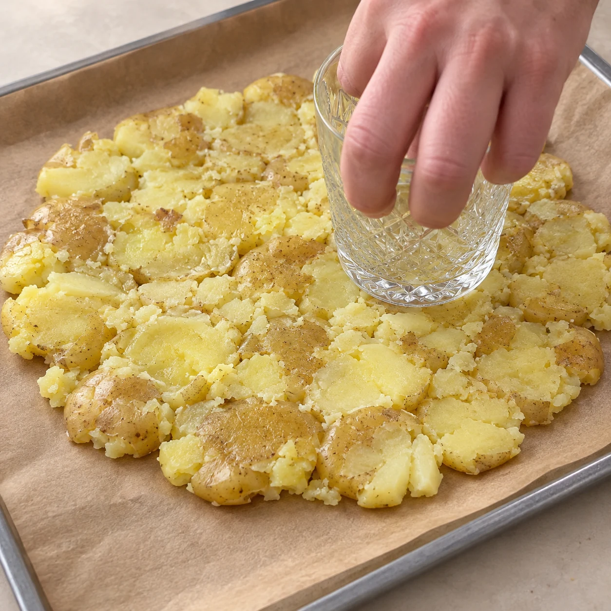 Photographie carrée de l’action : Former le disque. Les pommes de terre aplaties se touchent et forment une seule base irrégulière. Ingrédients exclusivement ceux de cette étape ; jambon et fromages sont végétaux.