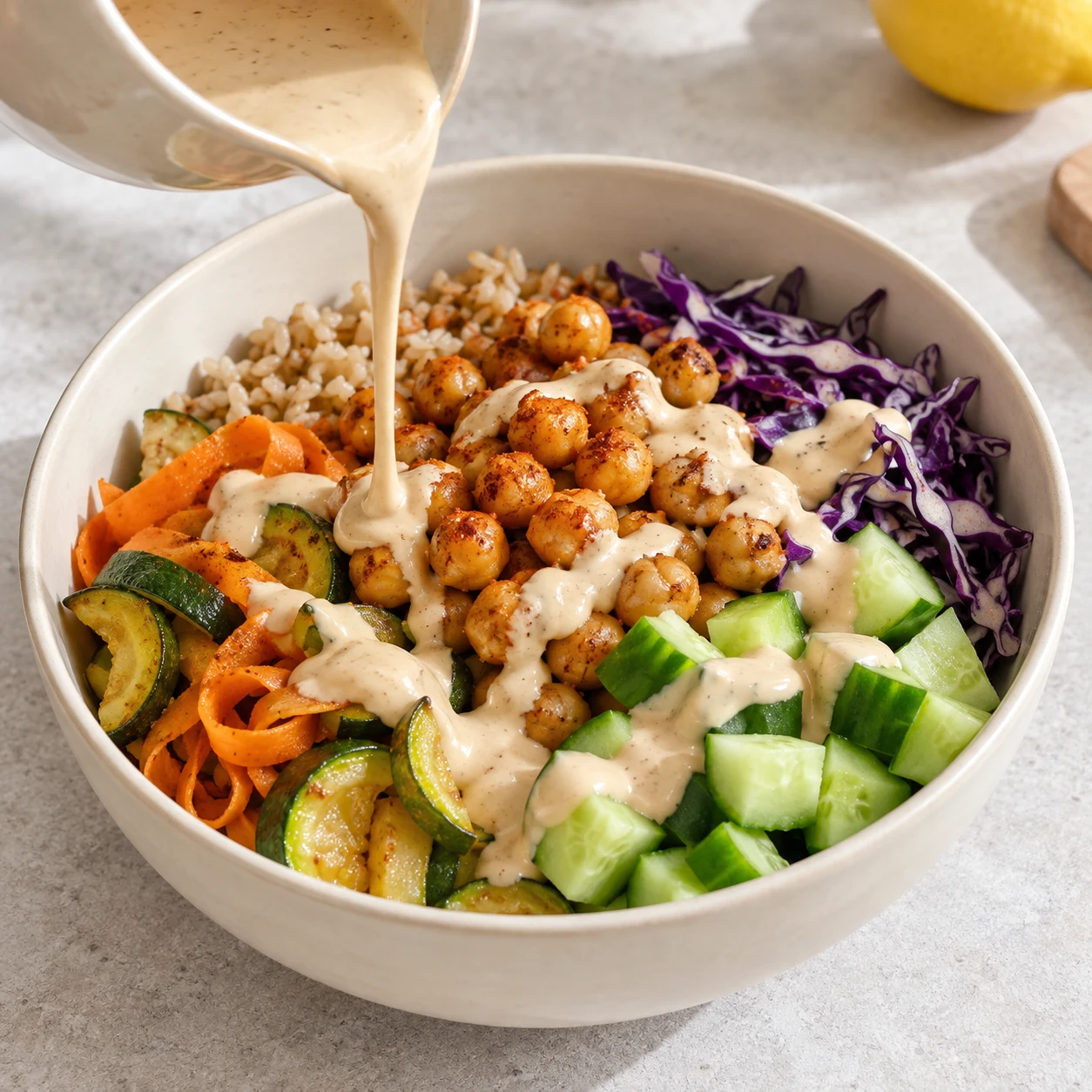 Photographie d’une seule action : Verse la sauce citron-soja sur le bowl. Résultat attendu : Des filets de sauce recouvrent les légumes et le pois chiches. Adaptation entièrement végane ; pois chiches entiers, aucun crustacé ni produit laitier.
